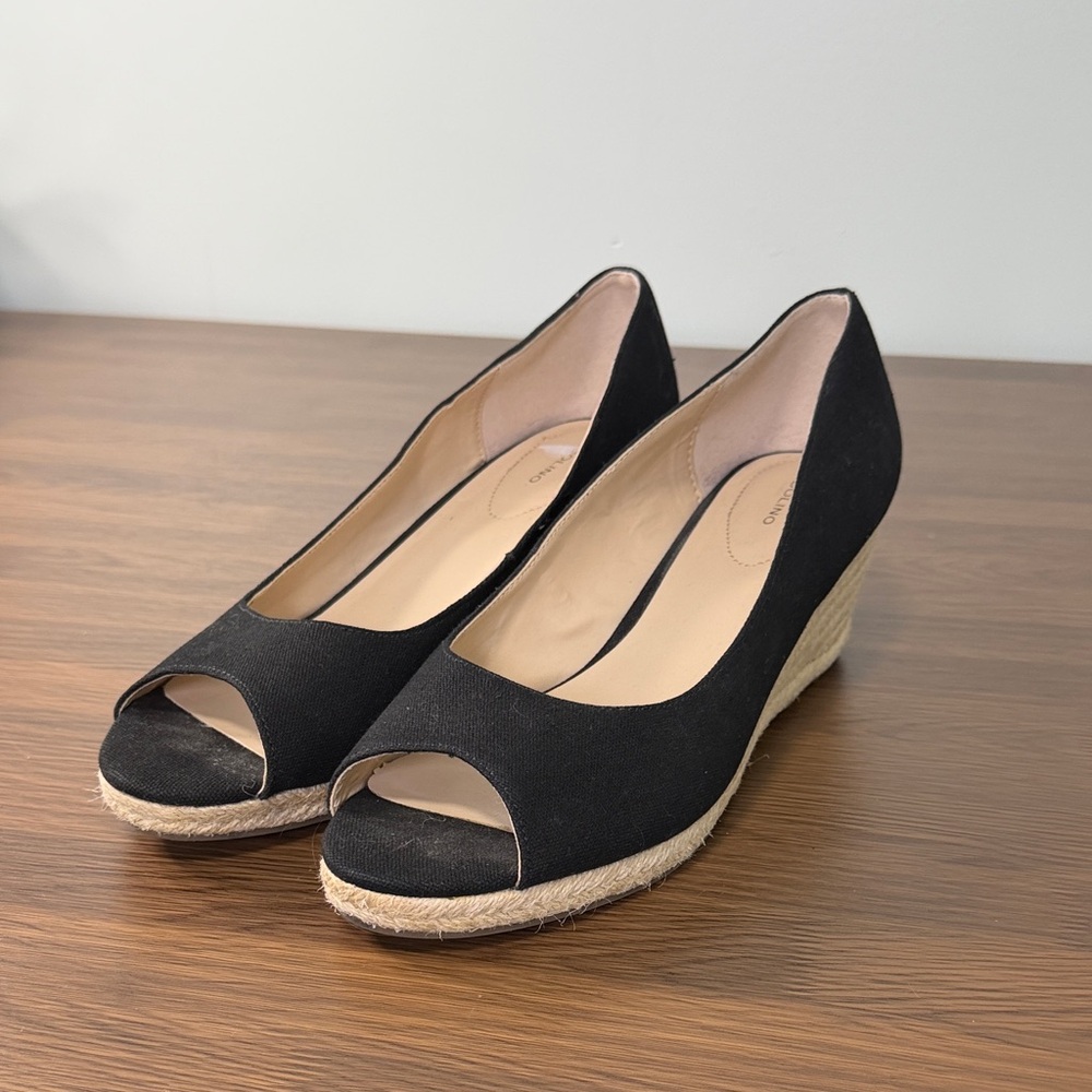 Bandolino Black Wedge Fabric Espadrille Peep-Toe Shoes Sz 11